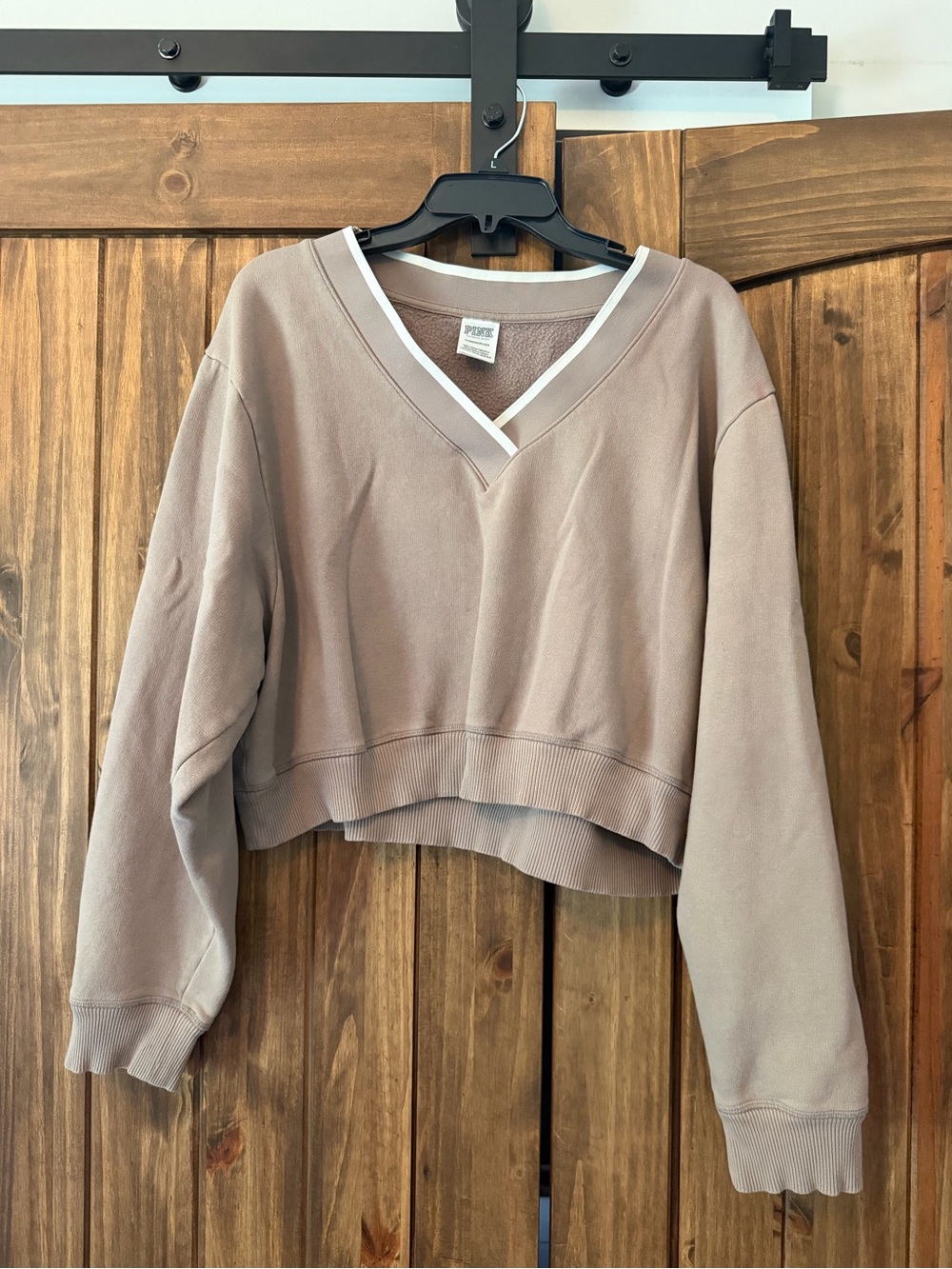 Victorias Secret PINK fleece v-neck cropped pullover in taupe